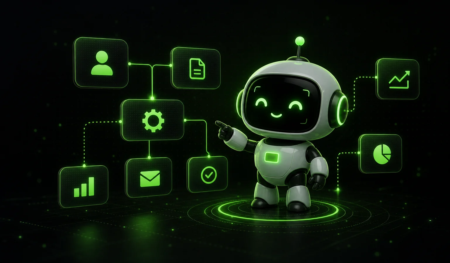 Cute AI agent connecting automation workflows for business tasks