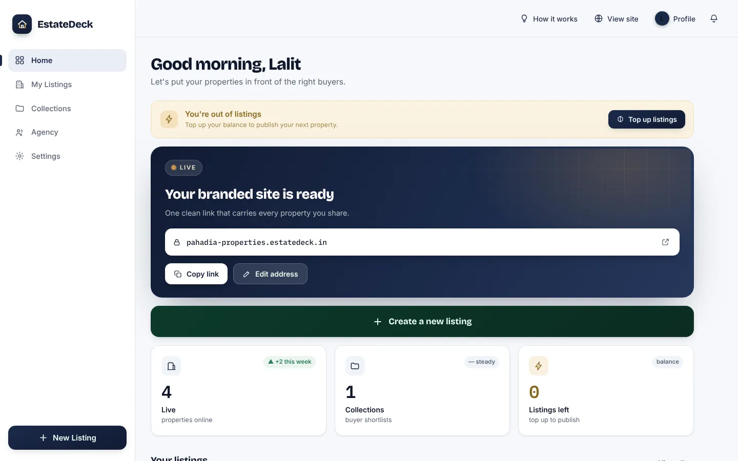 EstateDeck broker dashboard with listings, collections and branded site link