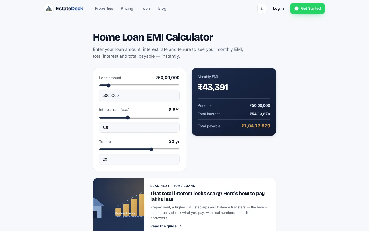 EstateDeck home loan EMI calculator