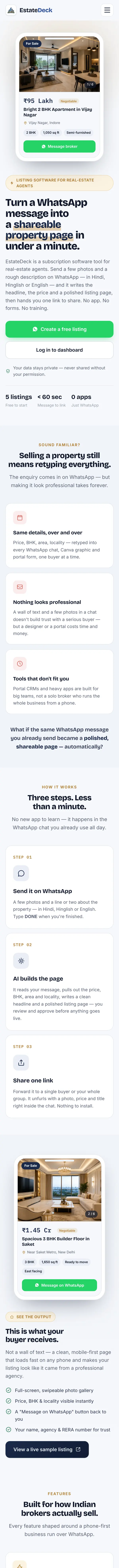 EstateDeck homepage on a phone, full page from top to bottom