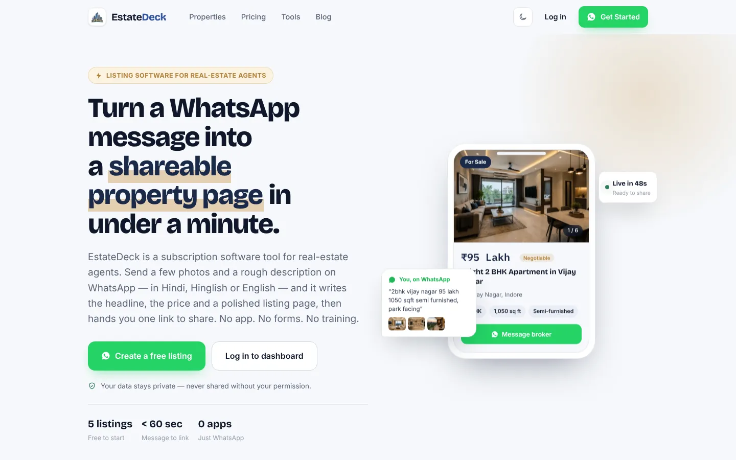 EstateDeck homepage: turn a WhatsApp message into a shareable property page
