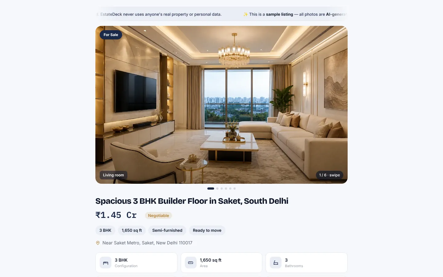 EstateDeck sample property listing page with photo gallery and price