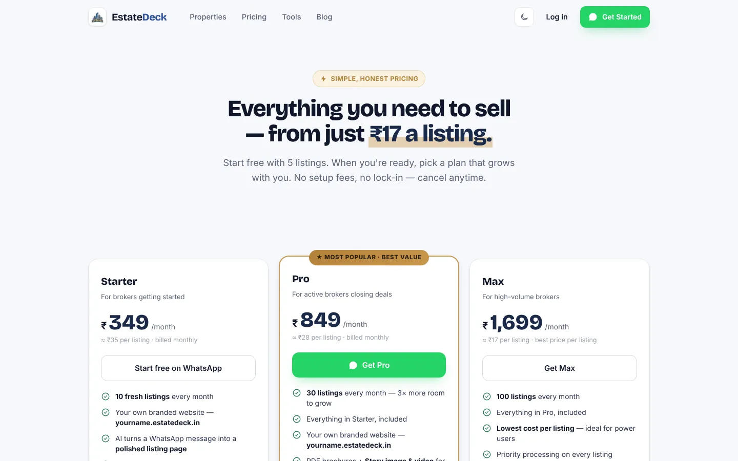EstateDeck pricing page with Starter, Pro and Max plans