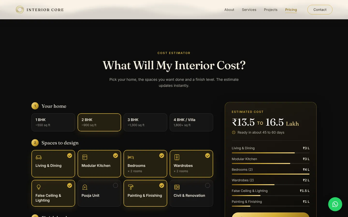 Interior Core cost estimator on the pricing page