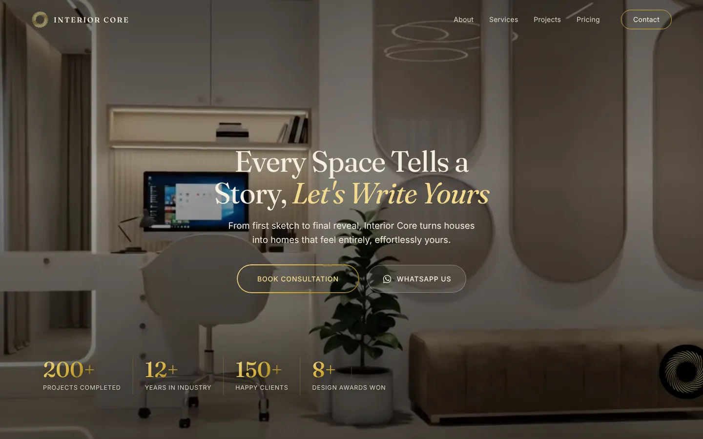 Interior Core homepage with video hero and studio stats