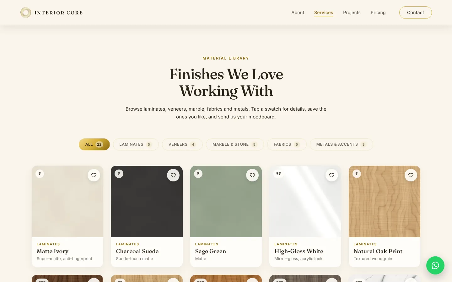 Interior Core material library with filterable finishes
