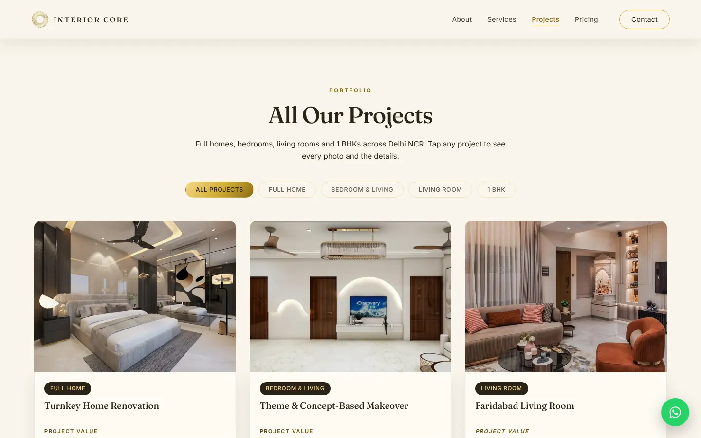 Interior Core projects page with filters and project cards