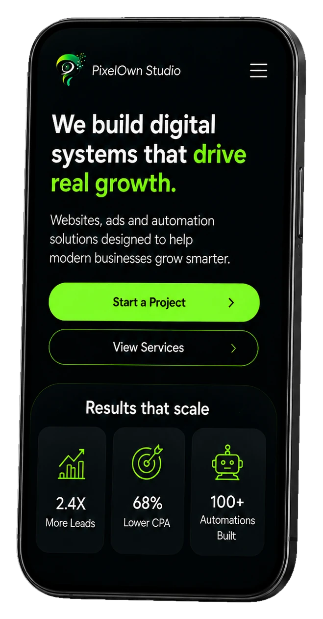Pixel Own Studio mobile website preview showing growth services and results