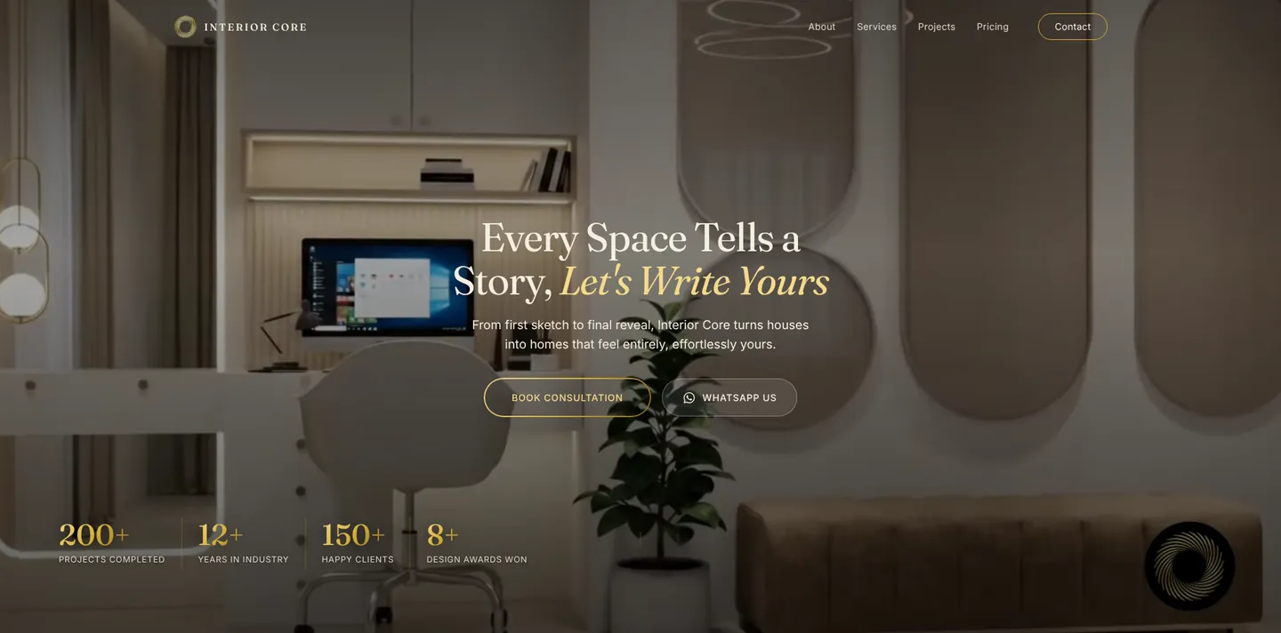 Interior Core interior design studio website homepage preview