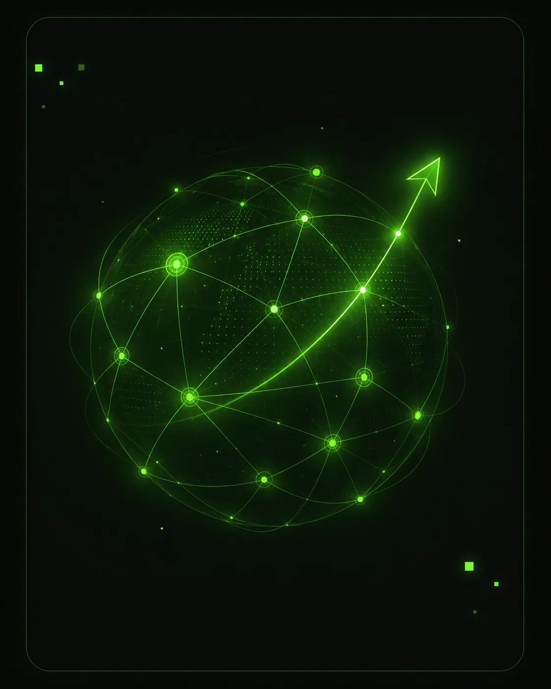 Neon green connected network with an upward growth arrow