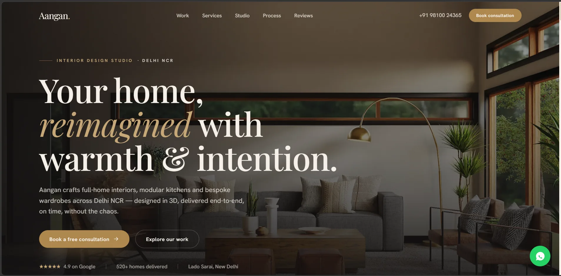 Aangan Interior Design Studio live website homepage preview