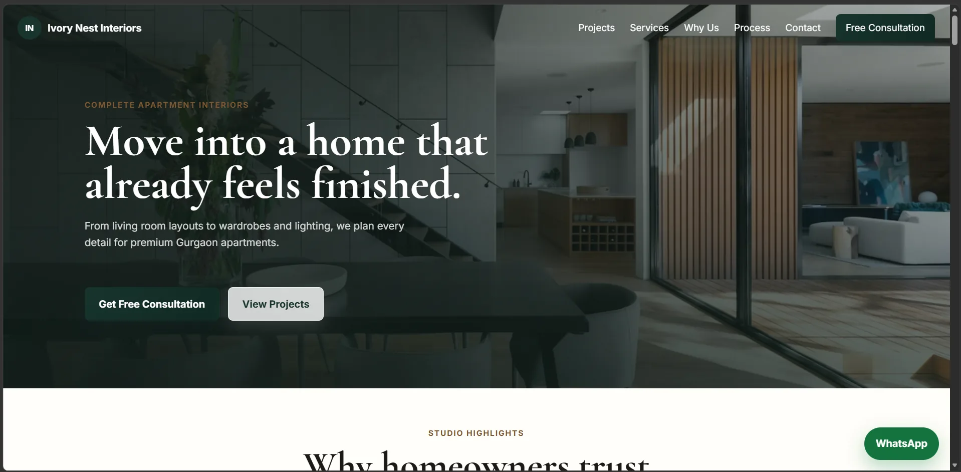 Ivory Nest Interiors live website homepage preview